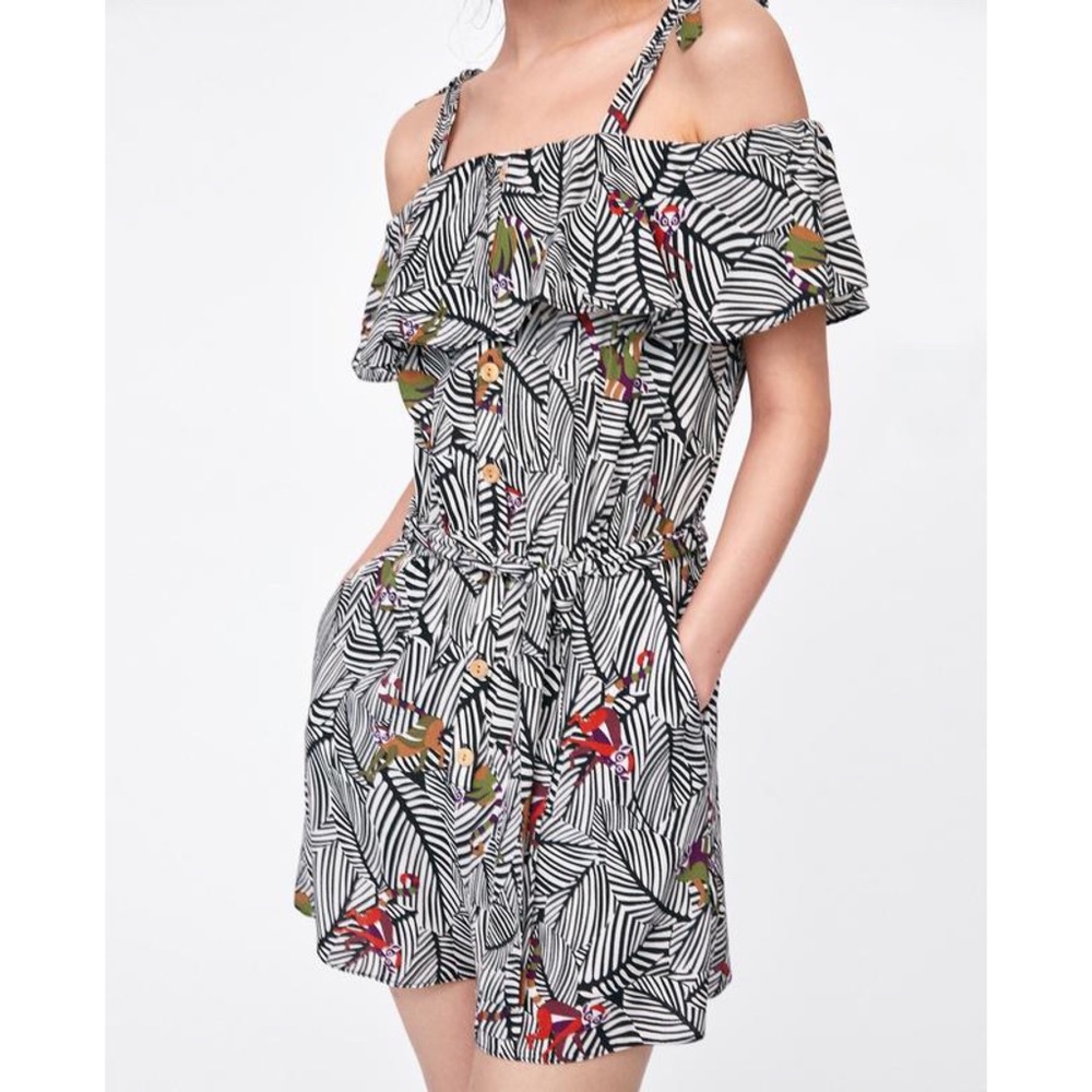NWOT Zara Multicolored Animal Striped Print Romper Jumpsuit Off the Shoulder
